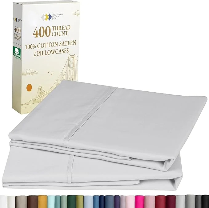 Green California Design Den Queen Standard Pillow Cases Set of 2-400 Thread Count Sateen Natural Cotton Pillowcases Queen Soft Roomy and Breathable – Silver High-Grade