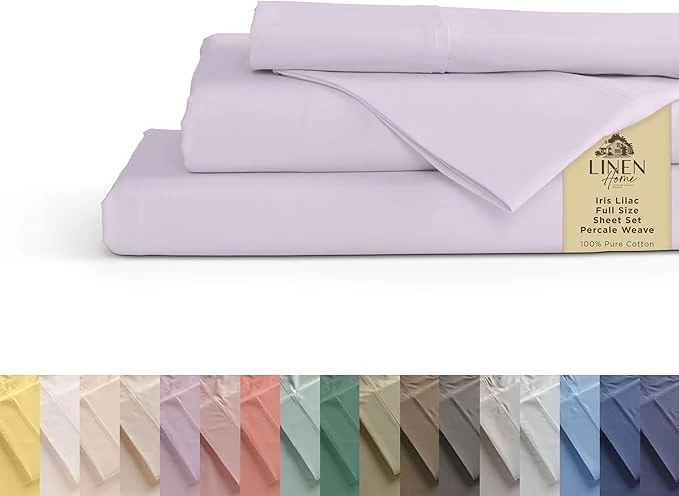 Expertly Made Linen Home Cotton Percale Sheets Queen 16 quot Deep Pocket – 4Pc Set Crisp Cool Breathable Bed Linen Made in Green Iris Lilac Fast
