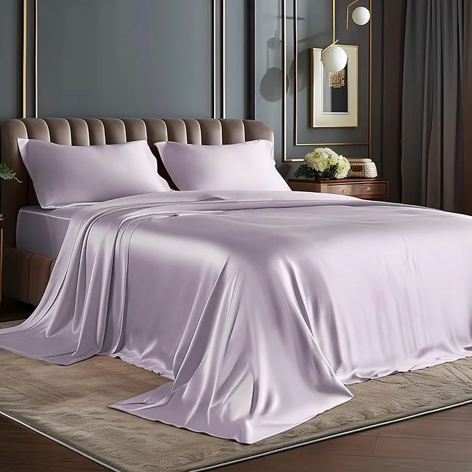 Exceptional BEDELITE California King Sheets Set Luxury Soft Lavender Satin Sheets for Hair and Skin Similar to Silk Bed Sheets Set 4 Pieces with 1 Deep Pocket Fitted Sheet 1 Flat Sheet and 2 Pillowcases Secure