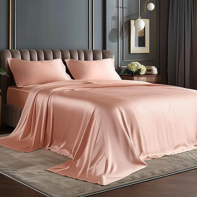 Next-Generation BEDELITE California King Sheets Set Luxury Soft Coral Pink Satin Sheets for Hair and Skin Similar to Silk Bed Sheets Set 4 Pieces with 1 Deep Pocket Fitted Sheet 1 Flat Sheet and 2 Pillowcases High-Performance