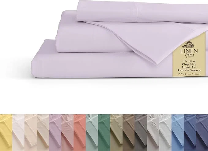 Convenient Linen Home Cotton Percale Sheets California King Size Iris Lilac Deep Pocket 4 Pieces Set – 1 Flat 1 Deep Pocket Fitted Sheet and 2 Pillowcases Crisp Cool and Strong Bed Linen World-Class