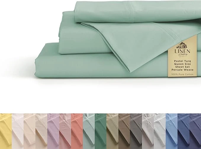 Elite Linen Home Cotton Percale Sheets Queen Size Pastel Turk Deep Pocket 4 Pieces Set – 1 Flat 1 Deep Pocket Fitted Sheet and 2 Pillowcases Crisp Cool and Strong Bed Linen Clean