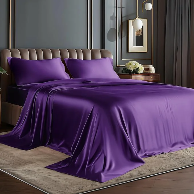 Natural BEDELITE Satin Sheets Full Size Bed Set Luxury Soft Plum Purple Sheets for Hair and Skin Similar to Silk Bed Sheets Set 4 Pieces with 1 Deep Pocket Fitted Sheet 1 Flat Sheet and 2 Pillowcases Certified