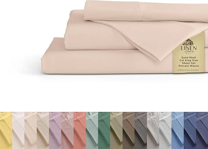 Natural Linen Home Cotton Percale Sheets California King Size Sand Shell Deep Pocket 4 Pieces Set – 1 Flat 1 Deep Pocket Fitted Sheet and 2 Pillowcases Crisp Cool and Strong Bed Linen Superior