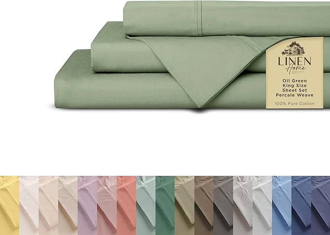 Relaxed Linen Home Cotton Percale Sheets King Size 4-Piece Set – Crisp Soft Cool amp Breathable Deep Pocket Fits 16 quot Mattress Long-Staple Combed Cotton Hotel Style Oil Green Comfortable