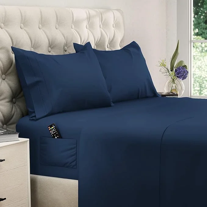 Trendy DREAMCARE California King Sheet Sets – Cooling Bed Sheets – 4pcs Set – up to 15 quot Deep Pocket Cal King Sheets – California King Sheets – Soft amp Lasting Brushed Polyester with Side Pocket – N Blue Reusable