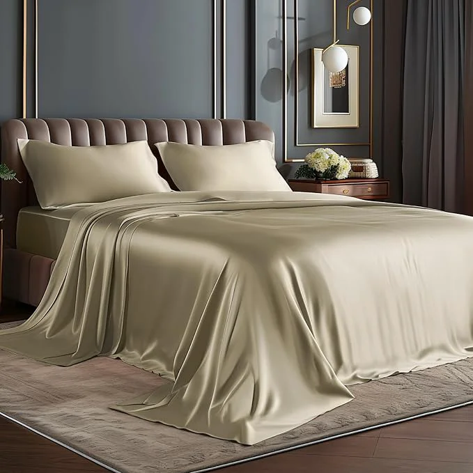 Comfortable BEDELITE California King Sheets Set Luxury Soft Taupe Satin Sheets for Hair and Skin Similar to Silk Bed Sheets Set 4 Pieces with 1 Deep Pocket Fitted Sheet 1 Flat Sheet and 2 Pillowcases Pure