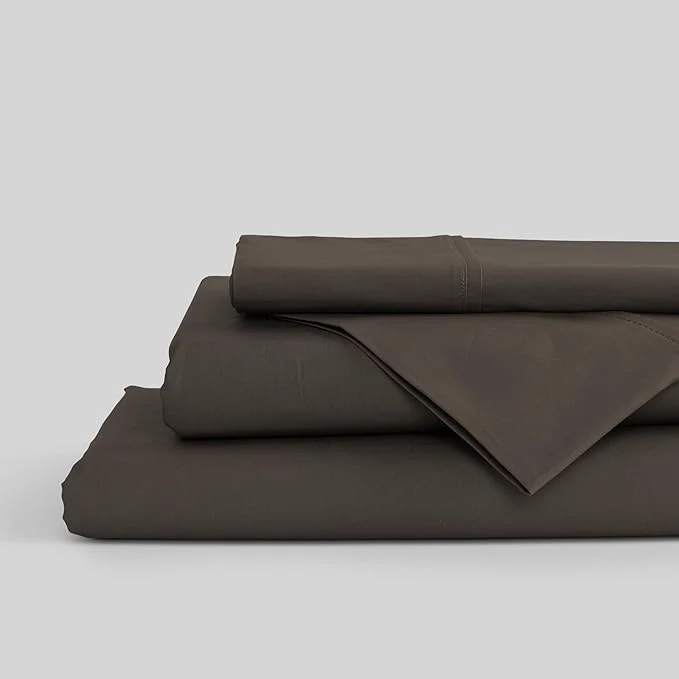 Stylish Linen Home Cotton Percale Sheets Queen Size Smoky Charcoal Deep Pocket 4 Pieces Set – 1 Flat 1 Deep Pocket Fitted Sheet and 2 Pillowcases Crisp Cool and Strong Bed Linen Solid
