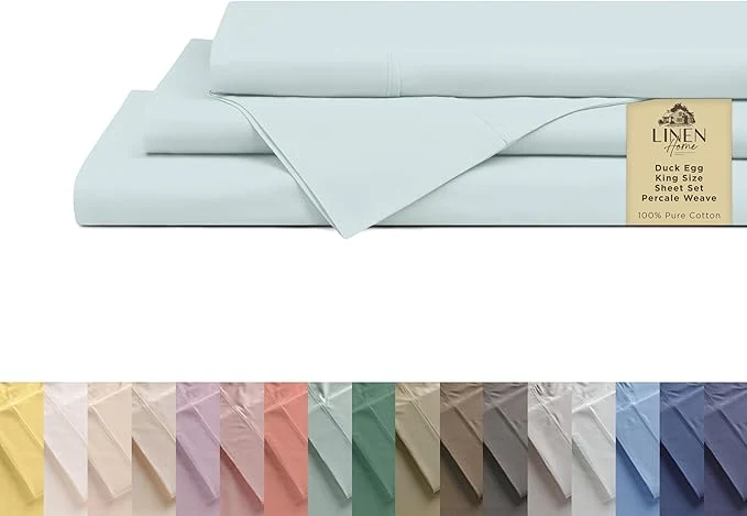 Elite Linen Home Cotton Percale Sheets King Size Blue Duck Egg Deep Pocket 4 Pieces Set – 1 Flat 1 Deep Pocket Fitted Sheet and 2 Pillowcases Crisp Cool and Strong Bed Linen Refined