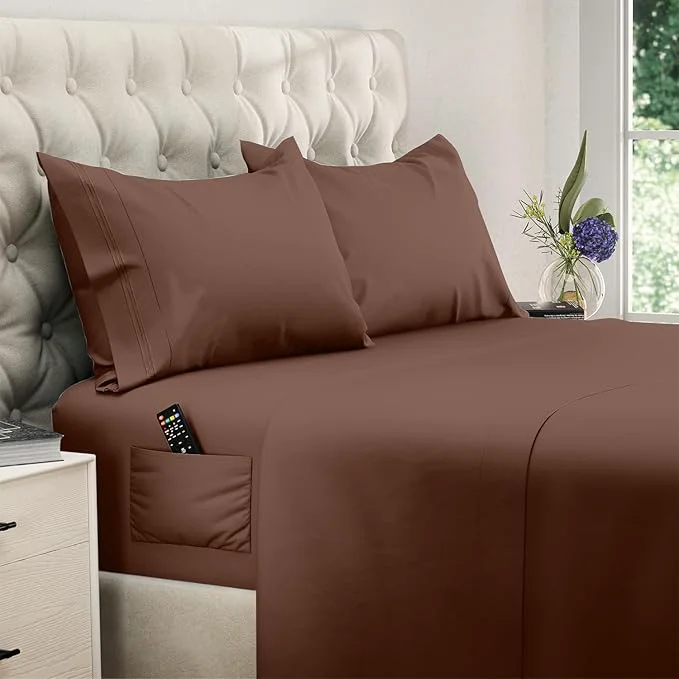 First-Class DREAMCARE Full Size Sheets Set – 4 Pcs Cooling Bed Sheets with Up to 15 quot Deep Pockets – Soft Long-Lasting Brushed Polyester with Side Pocket Mocha Brown Authentic