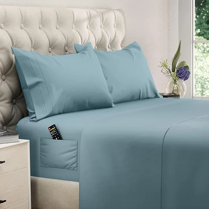 DREAMCARE King Size Sheets Set – Cooling Bed Sheets – 4pcs Set – up to 15 quot Deep Pocket King Sheet Set – Soft amp Long Lasting Cooling – Fine Brushed Microfiber with Side Pocket – Mineral Blue Comfortable