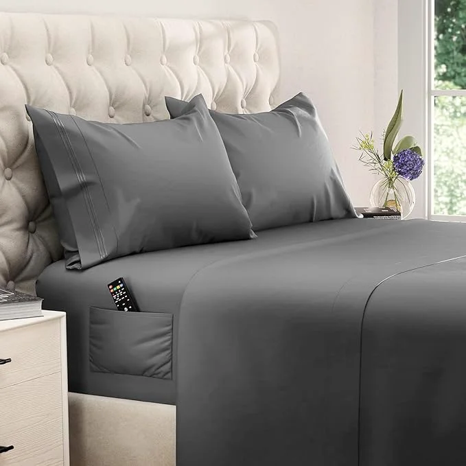 Official DREAMCARE Twin XL Sheet Sets – 4pc Cooling Sheets XL Twin Sheets – Twin XL up to 21 Deep Pocket – Hotel Luxury Extra Long Brushed Microfiber with Side Pocket – D. Gray Traditional