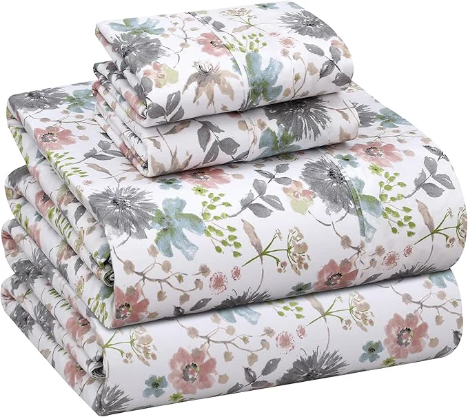 RUVANTI Cotton Sheets – Queen Size Percale Bedding Cooling amp Breathable Floral Design Durable with a Crisp Soft amp Comfortable Feel 16 quot Deep Pocket 4-Piece Set Dandelion Field Pure