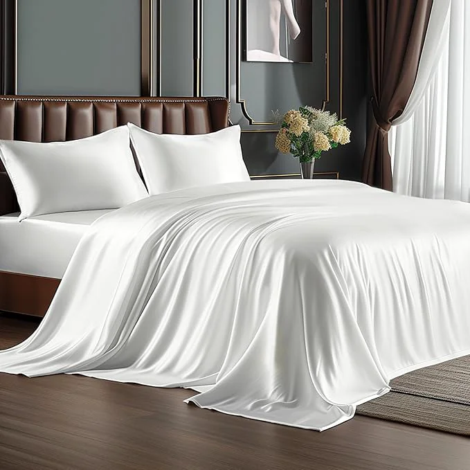 Eco-Friendly BEDELITE King Size Sheets Set Luxury Soft White Satin Sheets for Hair and Skin Similar to Silk Bed Sheets Set 4 Pieces with 1 Deep Pocket Fitted Sheet 1 Flat Sheet and 2 Pillowcases Versatile