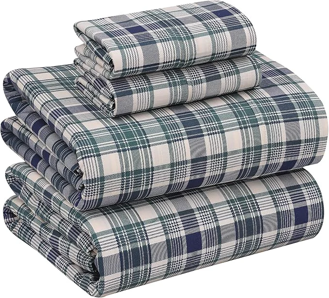 RUVANTI Cotton Sheets – Full Size Percale Bedding Cooling amp Breathable Floral Design Durable with a Crisp Soft amp Comfortable Feel 16 quot Deep Pocket 4-Piece Set Greenish Blue Plaid Easy-to-Use