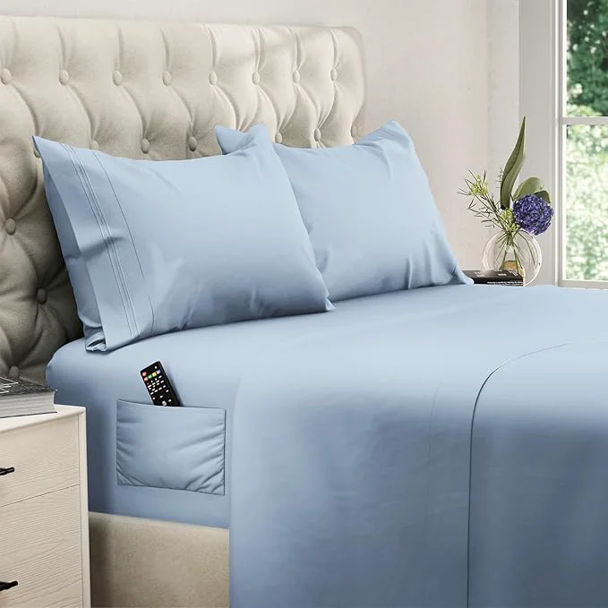 Relaxed DREAMCARE Full Size Sheets – 4 pc – up to 21 Deep Full Sheet Set – Hotel Luxury Sheets amp Pillowcases – Superior Softness Fine Microfiber with Side Pocket – Light Blue Refined