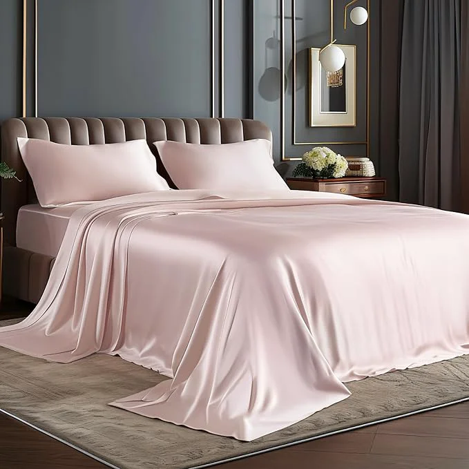 Powerful BEDELITE California King Sheets Set Luxury Soft Pink Satin Sheets for Hair and Skin Similar to Silk Bed Sheets Set 4 Pieces with 1 Deep Pocket Fitted Sheet 1 Flat Sheet and 2 Pillowcases Expertly Made
