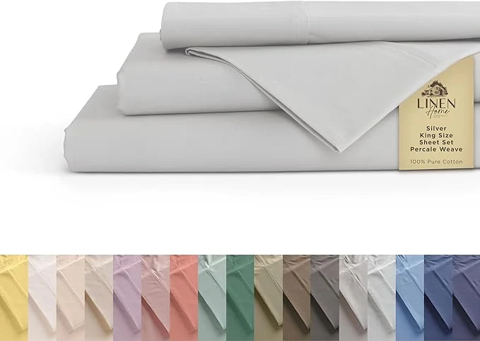Solid Linen Home Cotton Percale King Size Sheets – Crisp amp Cool Breathable Deep Pocket Fits 16 quot Mattress 4-Piece Set Long-Staple Combed Cotton Hotel Bedding Softer After Each Wash – Silver Premium