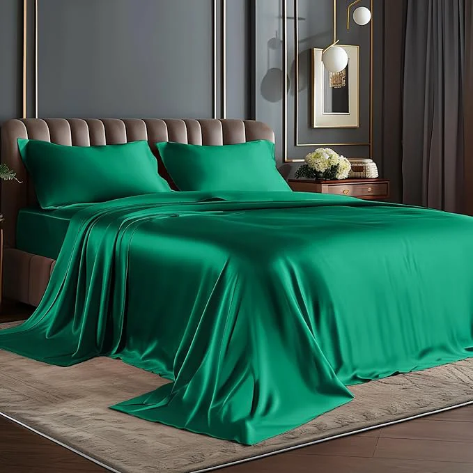 Specialty BEDELITE Satin Sheets Queen Size Bed Set Luxury Soft Dark Green Sheets for Hair and Skin Similar to Silk Bed Sheets Set 4 Pieces with 1 Deep Pocket Fitted Sheet 1 Flat Sheet and 2 Pillowcases Excellent