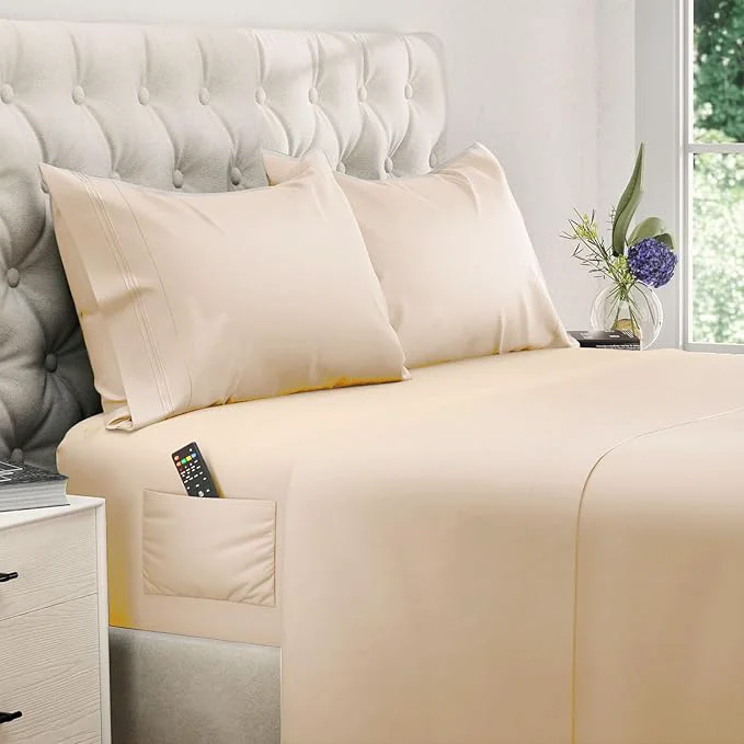 High-End DREAMCARE Queen Size Sheets – Cooling Bed Sheets – 4pcs Set – up to 15 quot Deep Pocket Queen Sheet Set – Sheets Queen Size Bed – Soft amp Long Lasting Fine Brushed Polyester with Side Pocket Wheat Trusted