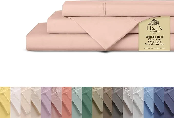 Natural Linen Home Cotton Percale Sheets King Size Brushed Rose Deep Pocket 4 Pieces Set – 1 Flat 1 Deep Pocket Fitted Sheet and 2 Pillowcases Crisp Cool and Strong Bed Linen Luxury