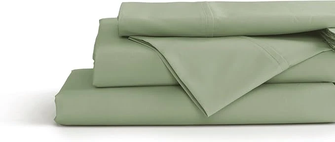 Smart Linen Home Cotton Percale Sheets Twin Size Sage Deep Pocket 3 Pieces Set – 1 Flat 1 Deep Pocket Fitted Sheet and 1 Pillowcase Crisp Cool and Strong Bed Linen Soft