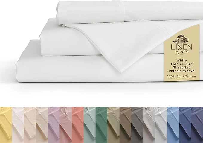Durable Linen Home Cotton Percale Sheets Twin XL Size White Deep Pocket 3 Pieces Set – 1 Flat 1 Deep Pocket Fitted Sheet and 1 Pillowcase Crisp Cool and Strong Bed Linen Safe
