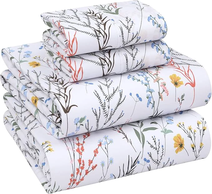 Premium RUVANTI Cotton Sheets – King Size Percale Bedding Cooling amp Breathable Floral Design Durable with a Crisp Soft amp Comfortable Feel 16 quot Deep Pocket 4-Piece Set Aroma Safe