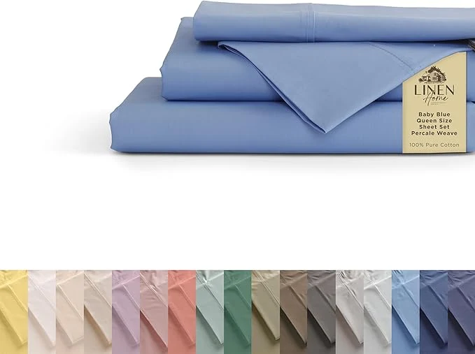 Pure Linen Home Cotton Percale Sheets Queen Size Baby Blue Deep Pocket 4 Pieces Set – 1 Flat 1 Deep Pocket Fitted Sheet and 2 Pillowcases Crisp Cool and Strong Bed Linen Safe