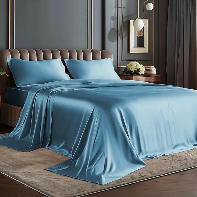 Original Design BEDELITE Satin Sheets Twin XL Size Bed Set Luxury Soft Airy Blue Sheets for Hair and Skin Similar to Silk Bed Sheets Set 3 Pieces with 1 Deep Pocket Fitted Sheet 1 Flat Sheet and 1 Pillowcase Clean