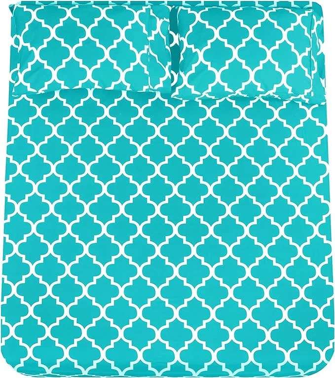 Advanced Mejoroom Queen Bed Sheet Set – Super Soft Brushed Microfiber – 1800 Thread Count Queen Sheets with 16 inch Deep Pocket – Wrinkle – 4 Piece Queen Aqua Quatrefoil with White Pattern Carefully Designed