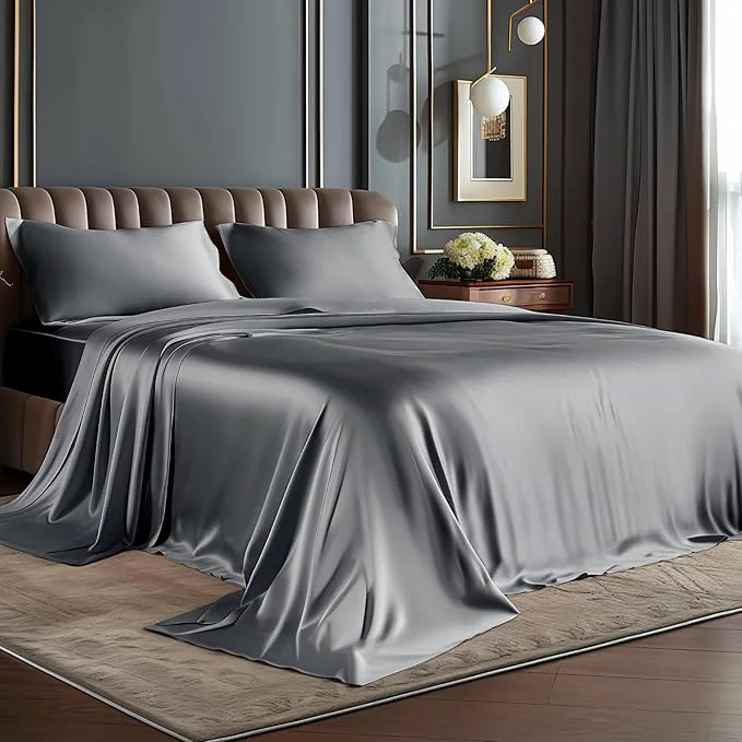 Genuine BEDELITE Satin Sheets Full XL Size Bed Set Luxury Soft Dark Grey Silky Sheets for Hair and Skin Similar to Silk Bed Sheets Set 4 Pieces with 1 Deep Pocket Fitted Sheet 1 Flat Sheet 2 Pillowcases Official