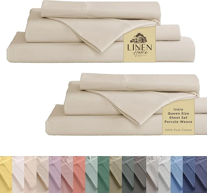 Green Linen Home Cotton Percale Sheet Set Pack of 2 Queen Size Ivory Deep Pocket 8 Pieces Set – 2 Flat 2 Deep Pocket Fitted Sheet and 4 Pillowcases Crisp Cool and Strong Bed Linen Sophisticated