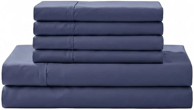 Next-Generation Linen Home Cotton Percale Sheet Set Queen Size Dark Blue Deep Pocket 6 Pieces Set – 1 Flat 1 Deep Pocket Fitted Sheet and 4 Pillowcases Crisp Cool and Strong Bed Linen Advanced