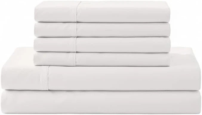 Advanced Linen Home Cotton Percale Sheet Set Queen Size Snow White Deep Pocket 6 Pieces Set – 1 Flat 1 Deep Pocket Fitted Sheet and 4 Pillowcases Crisp Cool and Strong Bed Linen Excellent