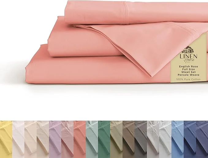 Minimalist Linen Home Cotton Percale Sheets Full Size English Rose Deep Pocket 4 Pieces Set – 1 Flat 1 Deep Pocket Fitted Sheet and 2 Pillowcases Crisp Cool and Strong Bed Linen Easy-to-Use