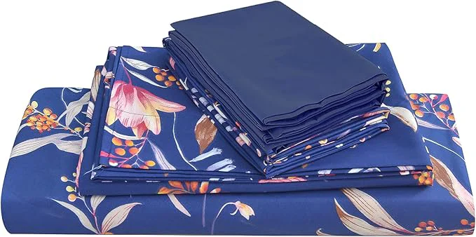 Exclusive JSD Navy Blue Floral Printed King Sheet Set 6 Piece Botanical Pattern Microfiber Sheets Extra Deep Pocket Exceptional