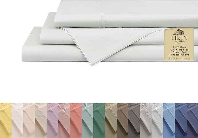 Specialty Linen Home Cotton Percale Sheets California King Size Dove Grey Deep Pocket 4 Pieces Set – 1 Flat 1 Deep Pocket Fitted Sheet and 2 Pillowcases Crisp Cool and Strong Bed Linen High-End
