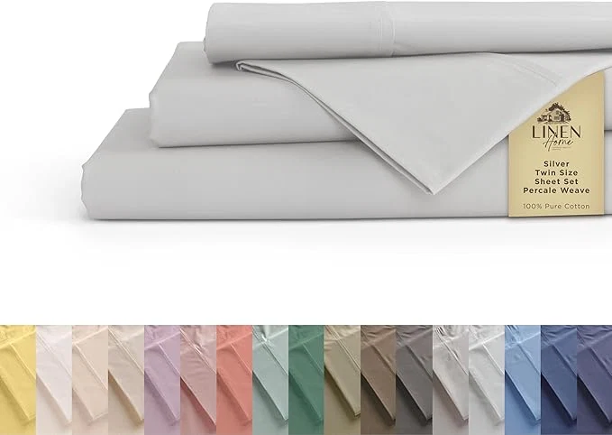 Pure Linen Home Cotton Percale Sheets Twin Size Silver Deep Pocket 3 Pieces Set – 1 Flat 1 Deep Pocket Fitted Sheet and 1 Pillowcase Crisp Cool and Strong Bed Linen Premium