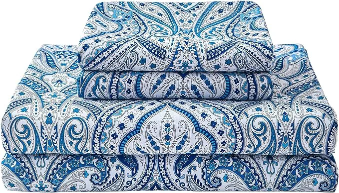 Excellent Softan Blue Paisley Printed Queen Size Sheet Set Blue Floral Sheets Queen Cozy Microfiber Fitted Sheet with 15 quot Deep Pocket amp Non-Slip Straps Flower Patterned Sheets amp Pillowcase Sets Eco-Friendly
