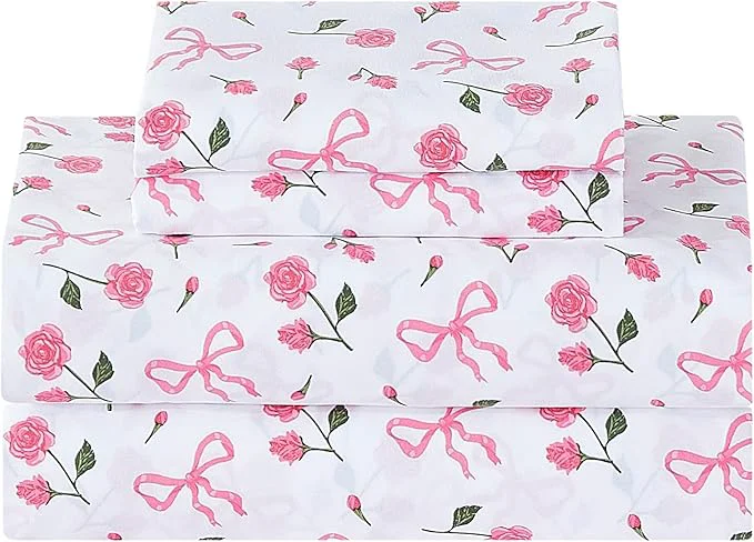 Excellent Softan Pink Floral Queen Bed Sheets Cozy Microfiber Flower Printed Sheets with 15 quot Deep Pocket Fitted Sheet amp Non-Slip Straps Patterned Pink Rose – Bow Sheets amp Pillowcase Set Authentic