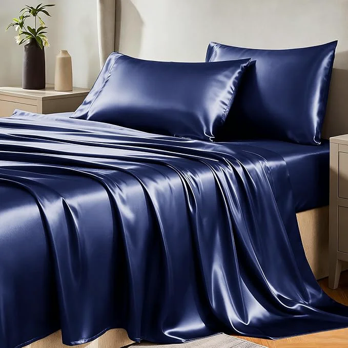 Top-Quality CozyLux Satin Sheets King Size Sheet Set – 4 Piece Silky King Sheets Luxury Navy Blue King Bed Set with Smooth and Soft Microfiber Includes 1 Fitted Sheet 1 Flat Sheet and 2 Pillowcases Durable