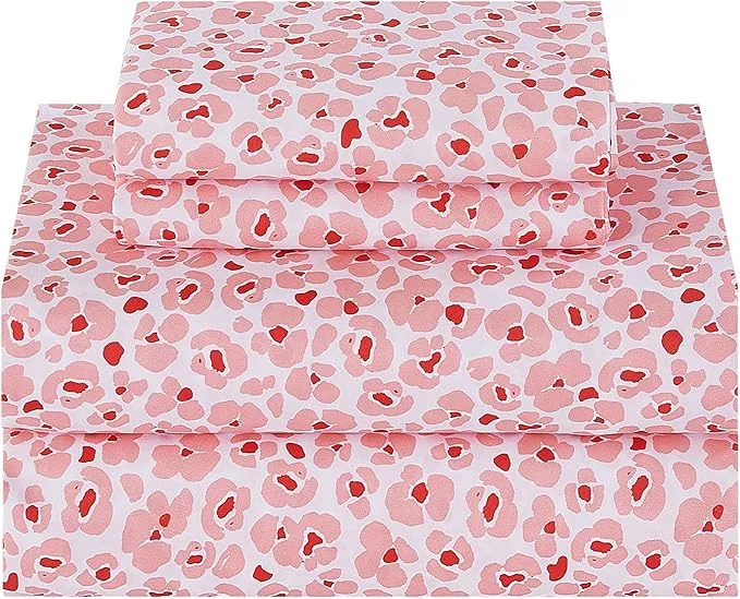 World-Class Softan Pink Floral Twin Sheet Set 3-Piece Cozy Microfiber Leopard Printed Fitted Bed Sheet with 15 quot Deep Pockets amp Non-Slip Straps Kids Girls Cute Patterned Sheets amp Pillowcase Set Artisan