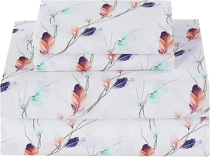 Professional Softan Floral Queen Sheet Set Cozy Microfiber Pastel Blooms Printed Fitted Bed Sheet with 15 quot Deep Pockets amp Non-Slip Straps Feather Patterned Sheets amp Pillowcase Set Certified