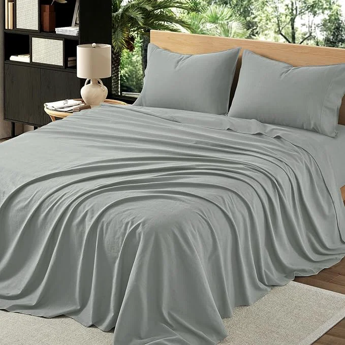 High-End 4Pcs Organic Linen Sheets King Size French Linen from Normandy Breathable Earl Gray King Sheet Set with 16 Inch Deep Pocket 1 Flat Sheet 1 Fitted Sheet 2 Pillowcases Original Design