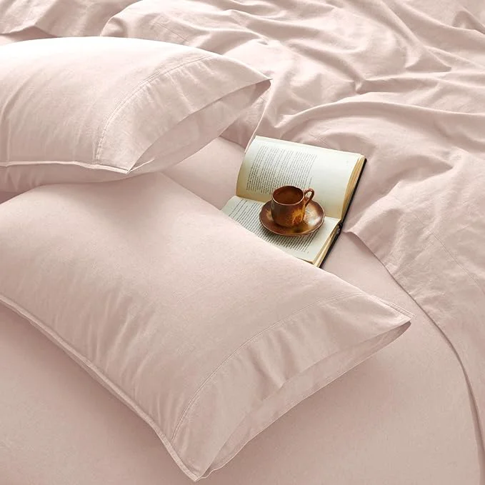 Solid 4Pcs Organic Linen Sheets King Size French Linen from Normandy Breathable Pink King Sheet Set with 16 Inch Deep Pocket 1 Flat Sheet 1 Fitted Sheet 2 Pillowcases Casual