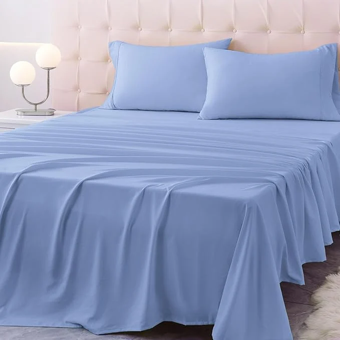 Optimized Full Size Bed Sheet Set – 4 Piece Soft Microfiber Sheets with Deep Pockets Cooling Technology and Wrinkle- Pillowcase. Hotel-Quality Durable Bedding Chambray Blue Trusted