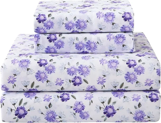 Quality Softan Puple Floral Queen Sheet Set 4-Piece Microfiber Printed Fitted Sheet with 15 quot Deep Pockets amp Non-Slip Straps White Flower Patterned Bedding Sheets amp Pillowcase Set Comfortable