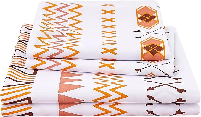 Original JSD Geometric Printed Sheet Set King 4 Piece Soft Orange Pattern Microfiber Sheets Extra Deep Pocket Casual