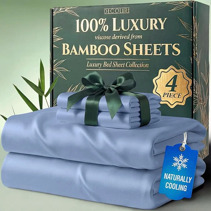 Prestigious DECOLURE Viscose Derived from Bamboo Sheets Twin Size – Luxury 4 Pc Naturally Cooling Sheets Ultra Soft Bed Set – Deep 17 quot Pockets Durable Double Stitching Oeko Tex Standard Light Blue Certified